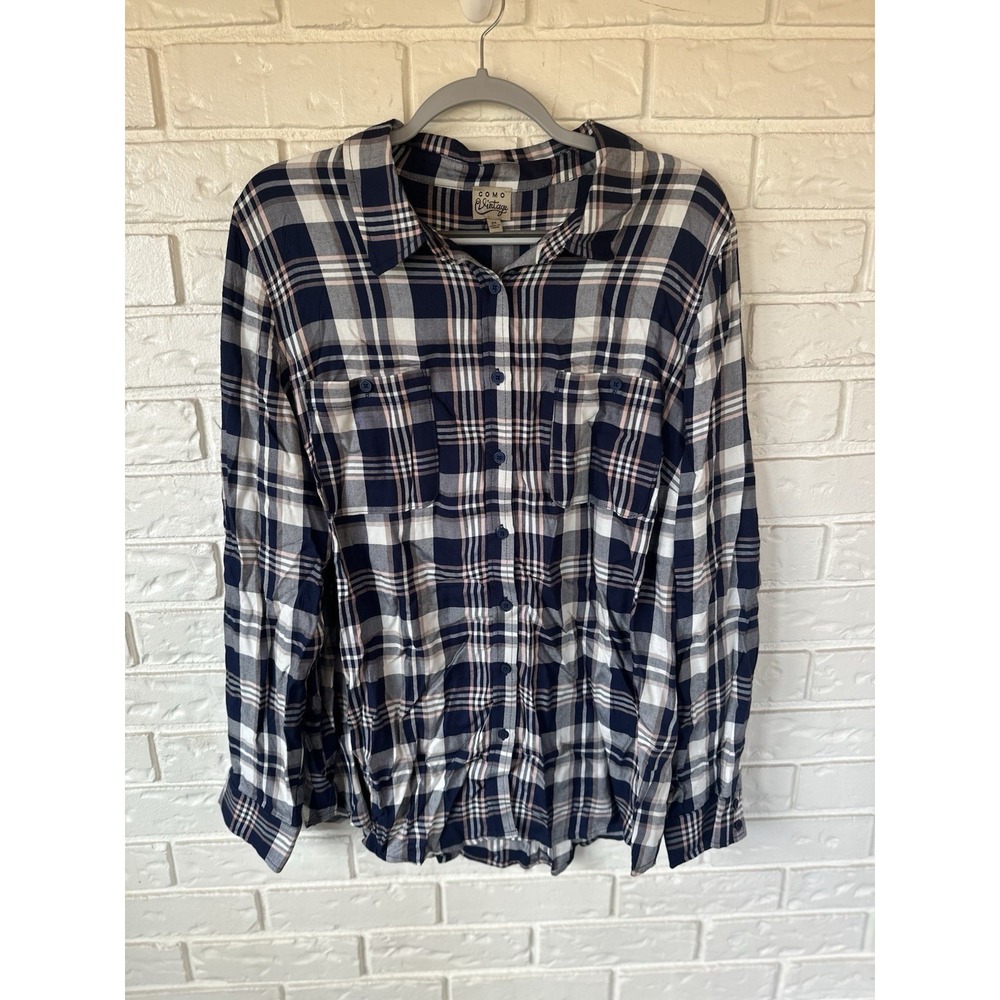Como Vintage Women's 2X Navy Plaid Button Front Shirt